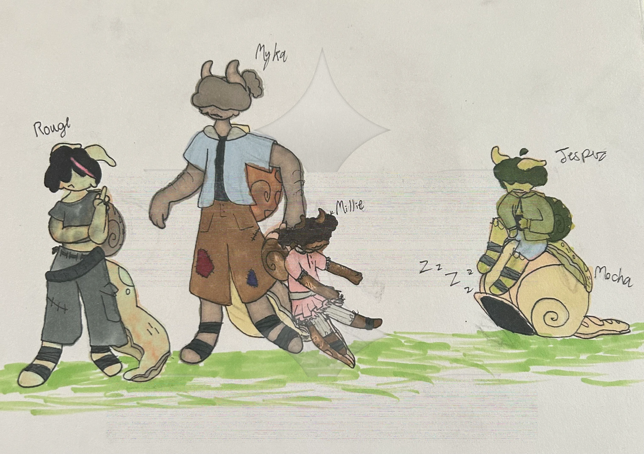 Rouge, Myka, Millie, Jesper, and Mocha character artwork